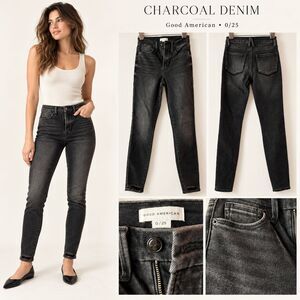 Good American Jeans Womens 0 25 Washed Black Skinny Distressed Hem Denim